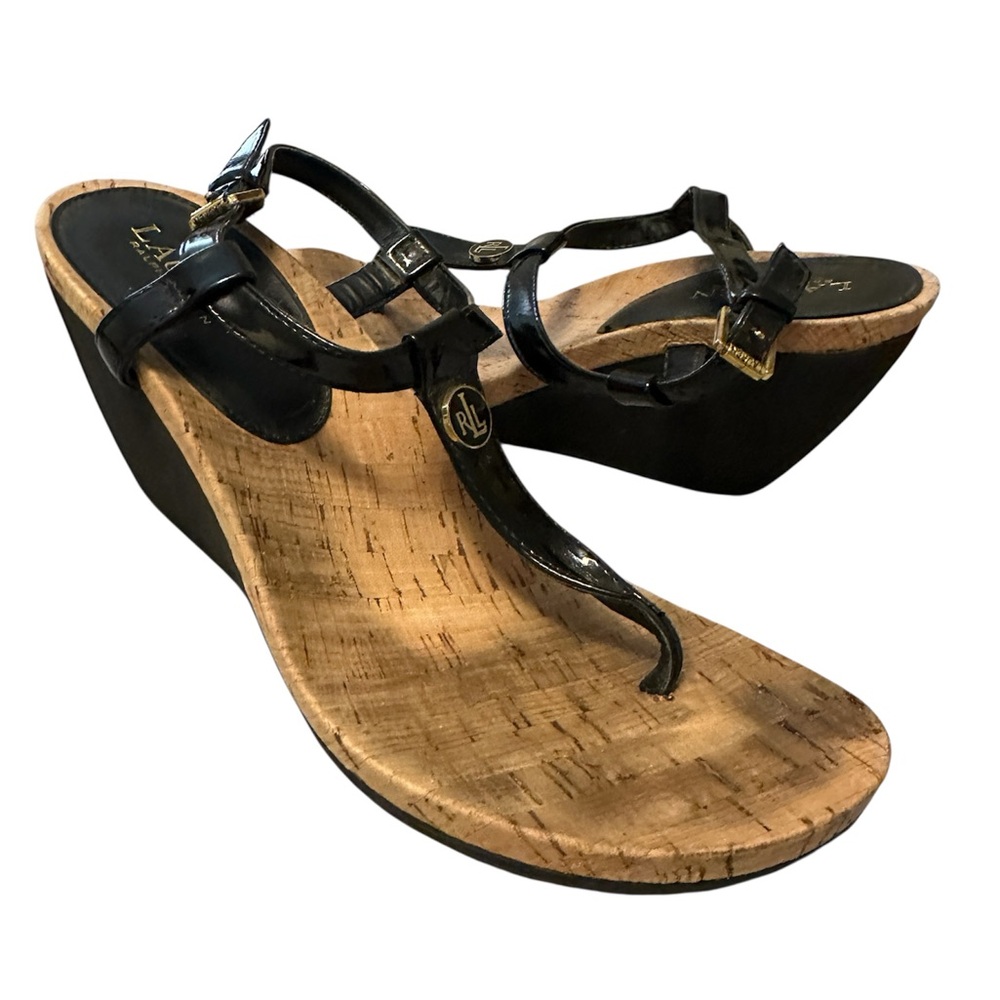 Ralph Lauren Black Patent Thong Wedge Sandals with Cork Footbed